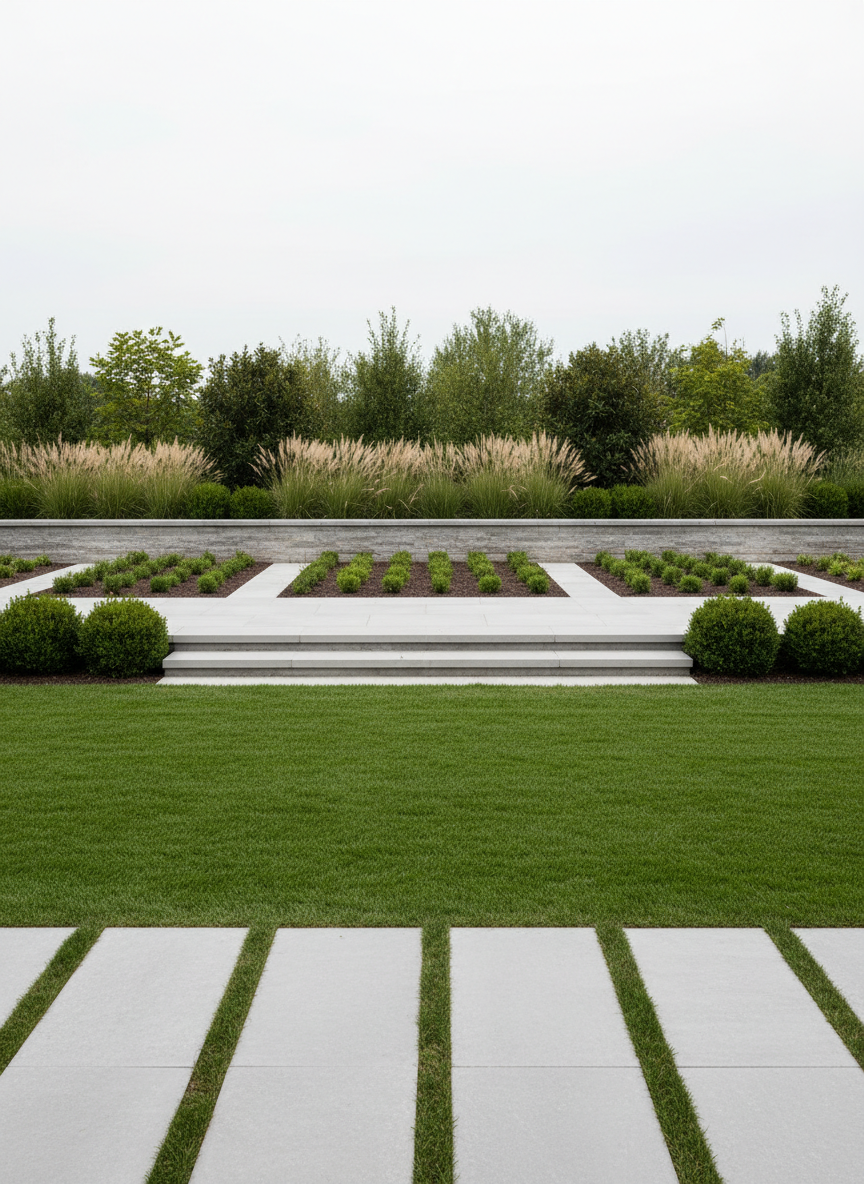 A meticulously designed contemporary garden for a professional landscaping company, featuring a balanced mix of clean stone terraces, freshly leveled lawn, and structured planting beds with neatly mulched soil. In the foreground, a precise line of concrete pavers leads toward a low retaining wall in light gray stone, with ornamental grasses and evergreen shrubs adding subtle texture. The scene is captured in soft overcast daylight, creating even, diffused lighting with minimal shadows and neutral tones. Shot at eye level with sharp focus throughout, the composition uses clean lines and symmetry to convey reliability and expertise. The photographic realism and corporate aesthetic give a sense of order, professionalism, and high-end exterior design without appearing overly decorative.